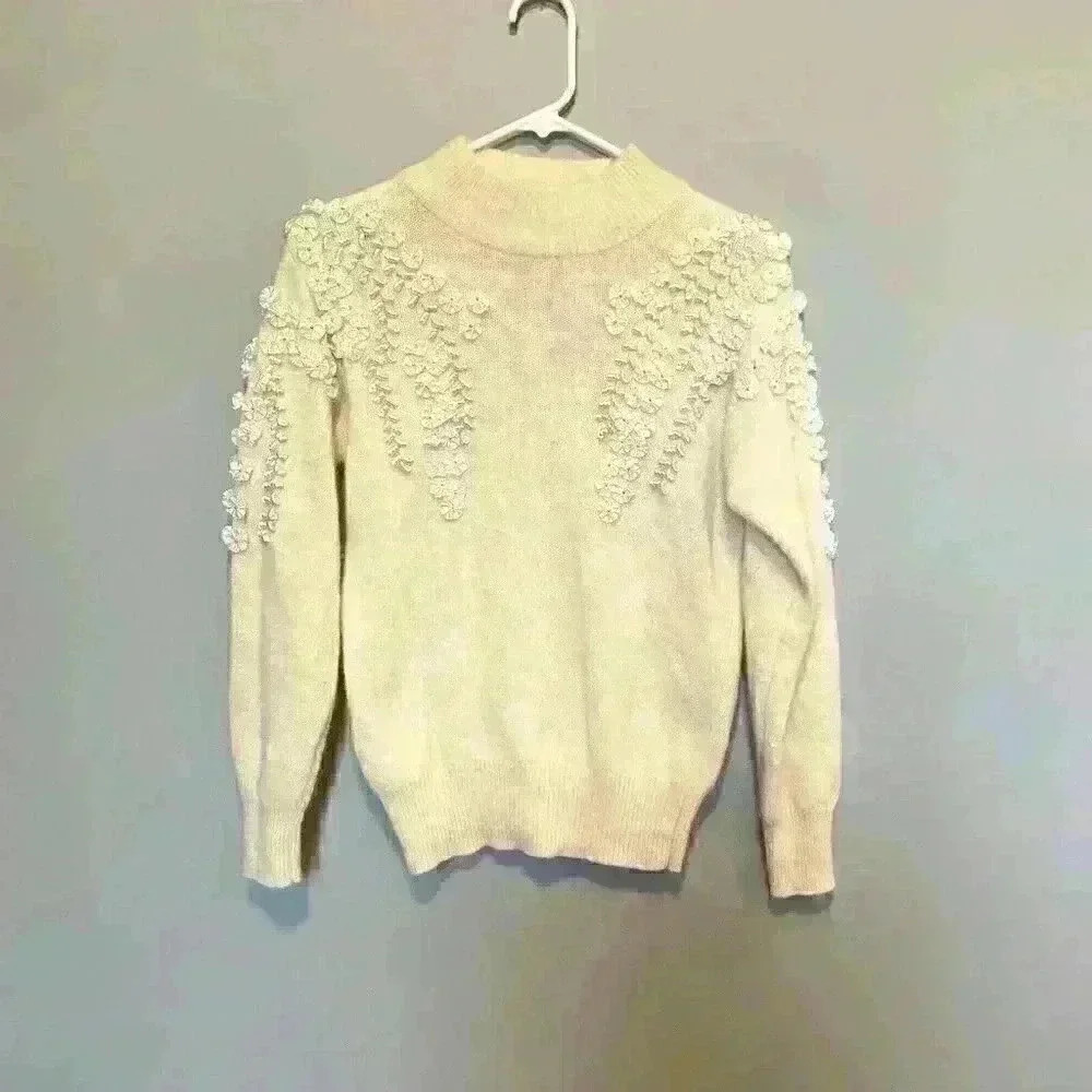 Vntg Tian Collections Womens Small Wool Blend Embellished Cream Sweater MockNeck